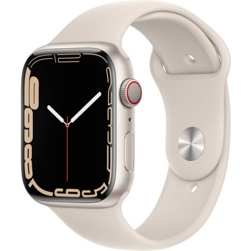 Apple Watch Series 7 Cellular 45mm bílý hliník s bílým sportovním řemínkem Apple