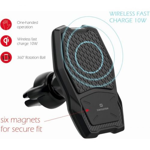 Swissten Av-S5 magnetický držák do ventilace s bezdrátovým nabíjením černý SWISSTEN