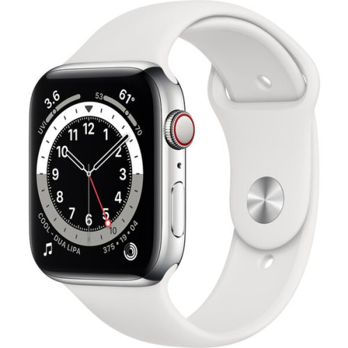 Apple Watch Series 6 Cellular 44mm stříbrná ocel s bílým sportovním řemínkem Apple