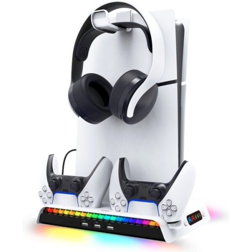 iPega P5S006 Multifunkční Nabíjecí RGB Stojan s Chlazením pro PS5 Slim bílý iPega