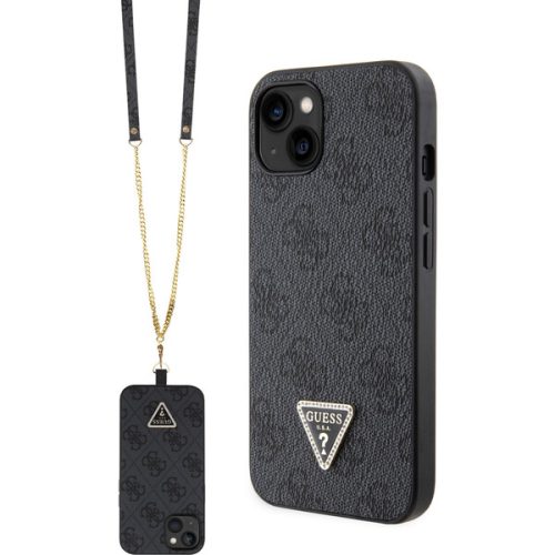 Guess PU 4G Strass Triangle Metal Logo Kryt + Crossbody Popruh iPhone 15 černý Guess