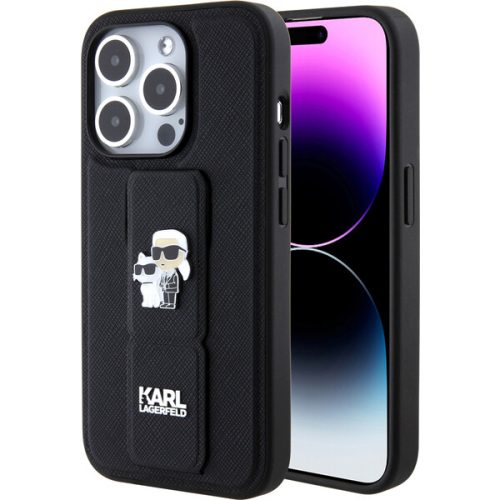Karl Lagerfeld Saffiano Grip Stand Metal Logo kryt iPhone 15 Pro černý Karl Lagerfeld