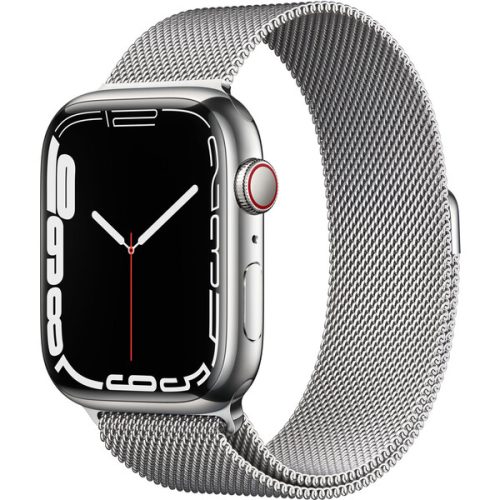 Apple Watch Series 7 Cellular 45mm stříbrná ocel se stříbrným milánským tahem Apple