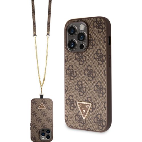 Guess PU 4G Strass Triangle Metal Logo Kryt + Crossbody Popruh iPhone 15 Pro hnědý Guess