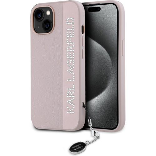 Karl Lagerfeld PU Saffiano Rhinestone Charm zadní kryt pro iPhone 14 růžový Karl Lagerfeld